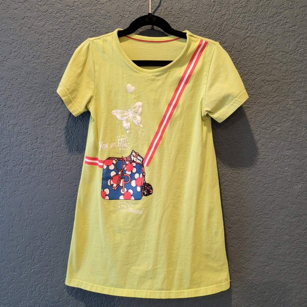 Title: Girls' Lime Green T-Shirt Dress with Fun Camera Graphic - Size 5
